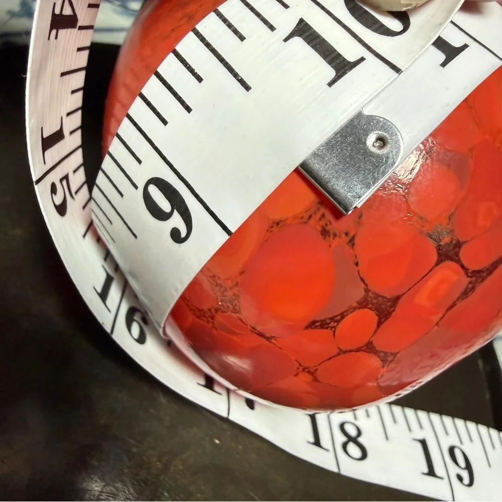 Hand Blown Art Glass Christmas Ornament Red Orange Swirl Speckled Ball Gift 9.5”